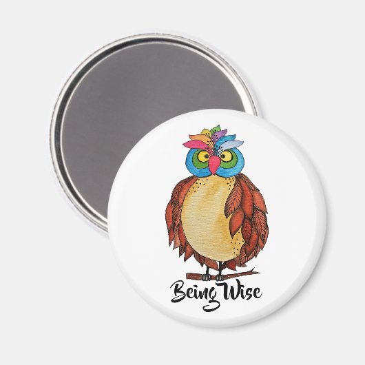 レインボーフェザー付き水彩幻想的フクロウ マグネット (正面/裏面)