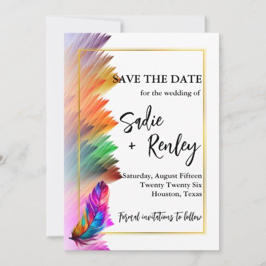 レインボーフェザー結婚式の日付を保存 招待状 (正面)