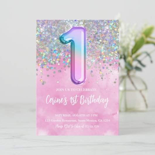 レインボーフォイルガールファースト誕生日 招待状 (スタンド正面)