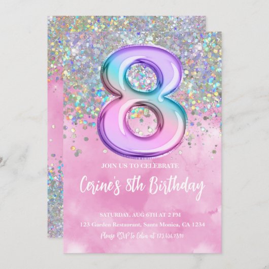 レインボーフォイルガール8th誕生日招待状 招待状 (正面/裏面)