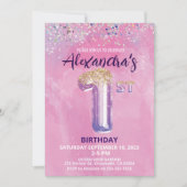 レインボーフォイルバルーンガール1st誕生日招待状 招待状 (正面)