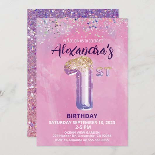 レインボーフォイルバルーンガール1st誕生日招待状 招待状 (正面/裏面)