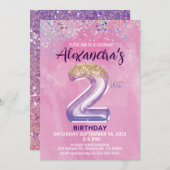 レインボーフォイルバルーンガール2nd誕生日招待状 招待状 (正面/裏面)