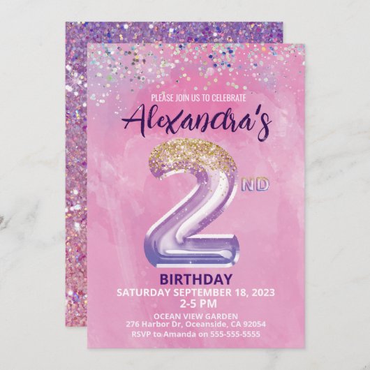 レインボーフォイルバルーンガール2nd誕生日招待状 招待状 (正面/裏面)