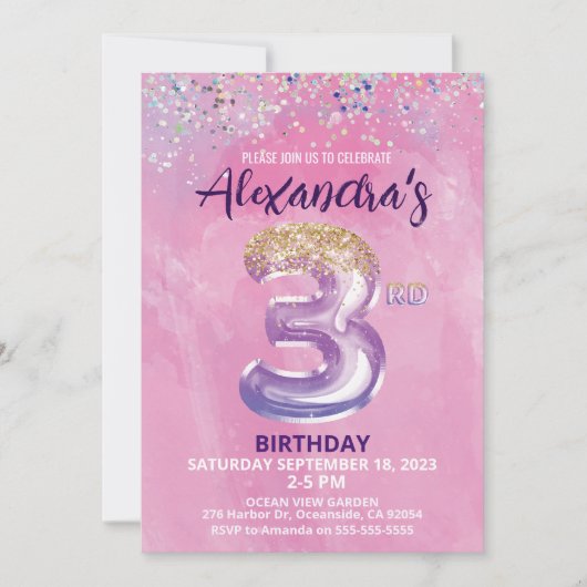 レインボーフォイルバルーンガール3rd誕生日招待状 招待状 (正面)