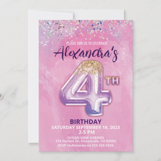 レインボーフォイルバルーンガール4th誕生日招待状 招待状 (正面)