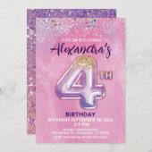 レインボーフォイルバルーンガール4th誕生日招待状 招待状 (正面/裏面)