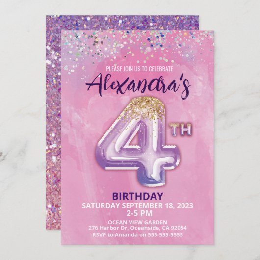 レインボーフォイルバルーンガール4th誕生日招待状 招待状 (正面/裏面)