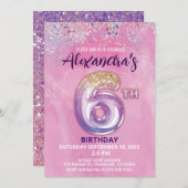 レインボーフォイルバルーンガール6th誕生日招待状 招待状 (正面/裏面)