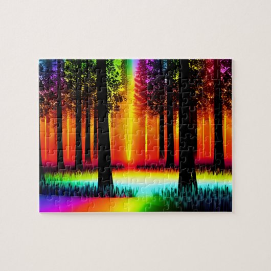 レインボーフォレストとオレンジグローのツリーシルエット ジグソーパズル (横)