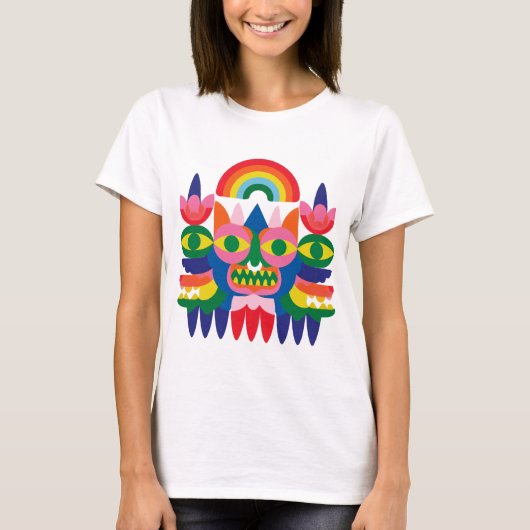 レインボーフォークマスクフェイスアート Tシャツ (正面)