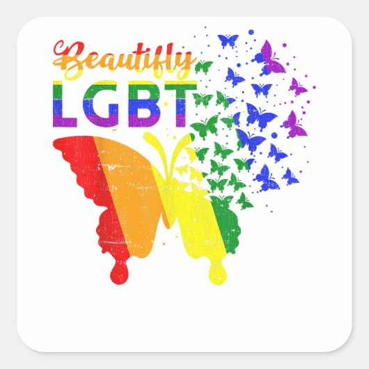 レインボーフラッグバタフライLGBT スクエアシール (正面)