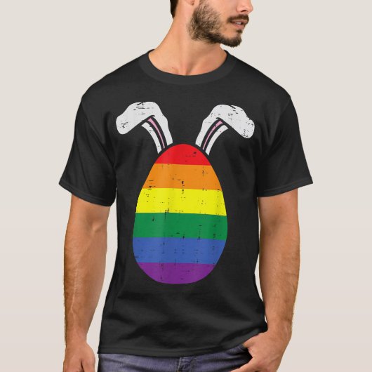 レインボーフラッグ イースターエッグ ウサギの耳 ゲイプライド LGBT イースター Tシャツ (正面)