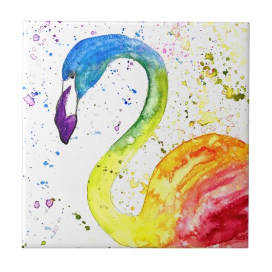 レインボーフラミンゴ熱帯鳥の水彩可愛い タイル (正面)