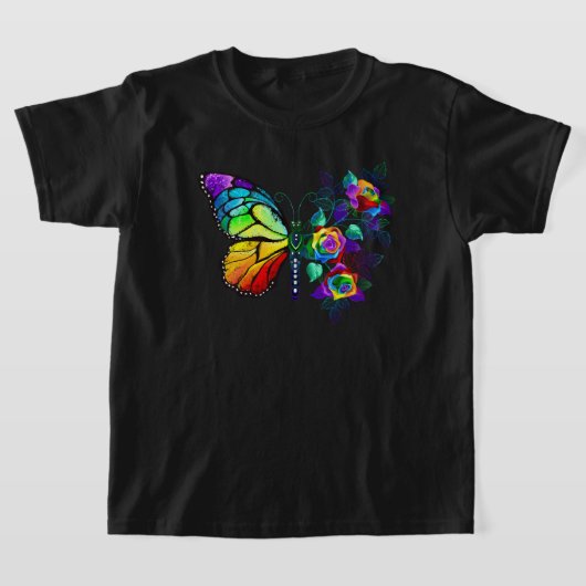 レインボーフラワーバタフライ Tシャツ (レイダウン)