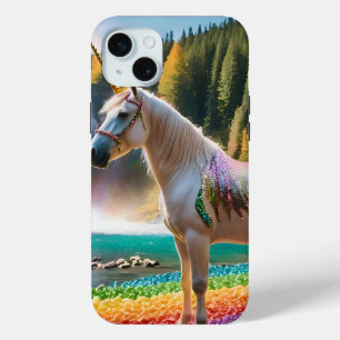 レインボーフラワーユニコーングリーンツリーズウォーターフォール湖 iPhone 15 MINIケース