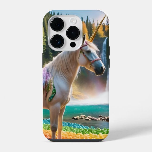 レインボーフラワーユニコーングリーンツリーズウォーターフォール湖 iPhoneケース (裏面)
