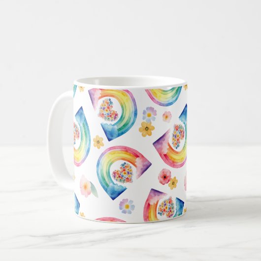 レインボーフローラハートマグカップ – 明るい水の色のギフト コーヒーマグカップ (正面左)