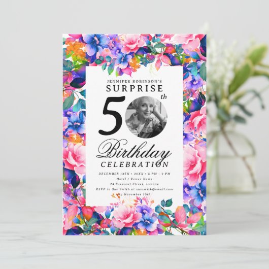 レインボーフローラフォトサプライズ50誕生日 招待状 (スタンド正面)