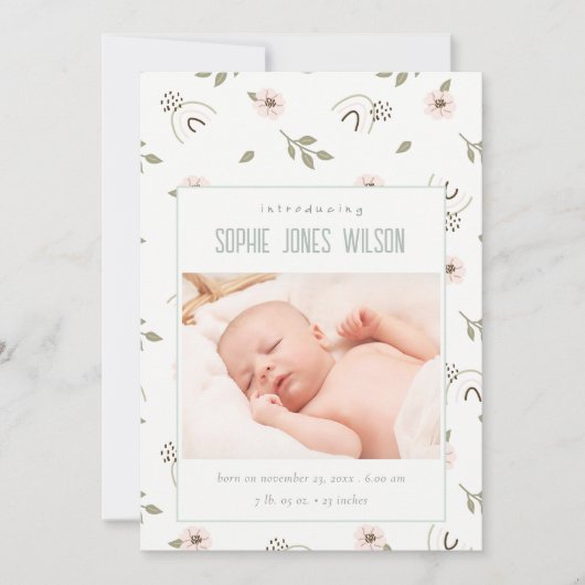 レインボーフローラフォトベビーガール誕生のお知らせ サンキューカード (正面)