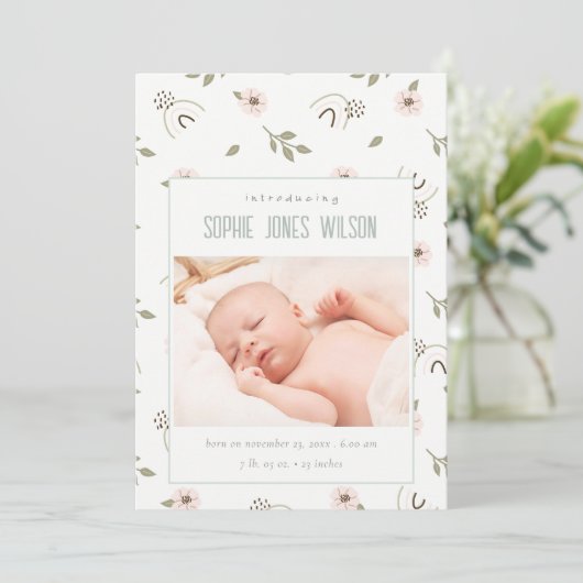 レインボーフローラフォトベビーガール誕生のお知らせ サンキューカード (スタンド正面)