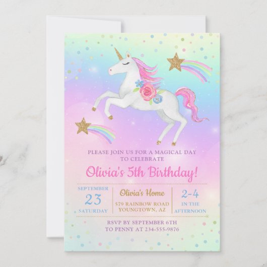 レインボーフローラマジカルユニコーンガールズ誕生日 招待状 (正面)