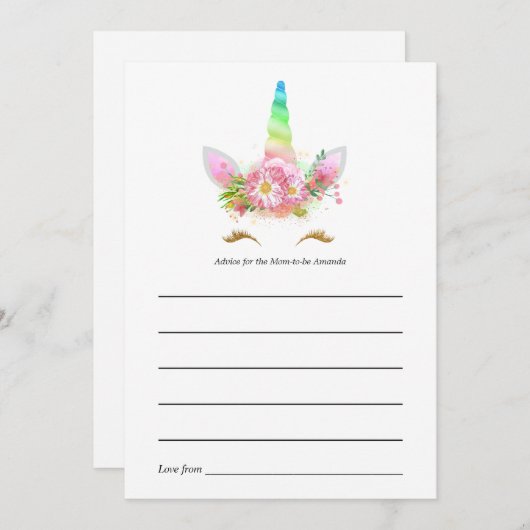 レインボーフローラユニコーンベビーシャワーアドバイスカード アドバイスカード (正面/裏面)