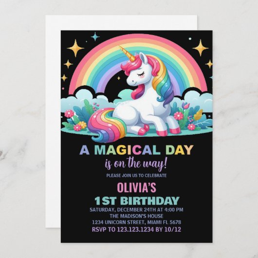 レインボーフローラユニコーン誕生日招待状 招待状 (正面/裏面)
