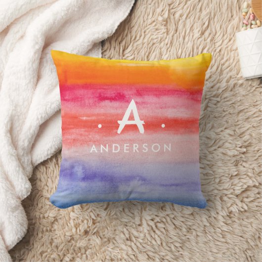 レインボーブライトウォーターカラーズファミリー名モノグラム クッション (ブランケット)