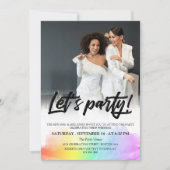 レインボーブラックブラシスクリプトLet'sパーティー写真 招待状 (正面)