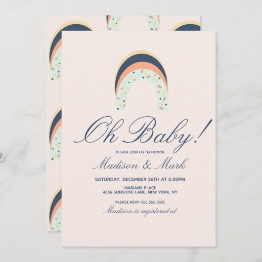 レインボーブラッシュストロークベビーシャワーピンク 招待状 (正面/裏面)