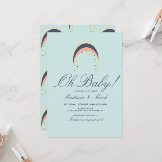 レインボーブラッシュストロークベビーシャワーブルー 招待状 (正面/裏面インサイチュ)