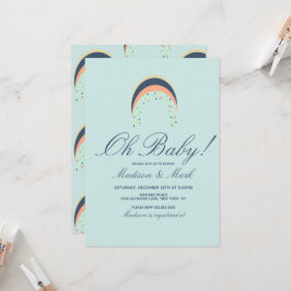 レインボーブラッシュストロークベビーシャワーブルー 招待状