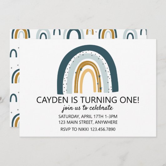 レインボーブルーとブラウンボーイバースデー招待状 招待状 (正面/裏面)