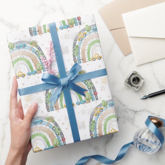 レインボーブルーと緑と車通りシンボルや象徴少年 ラッピングペーパー (ギフト)