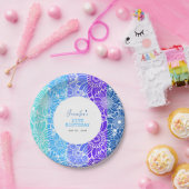 レインボーブルーストライプフローラ誕生日 ペーパープレート (パーティー)