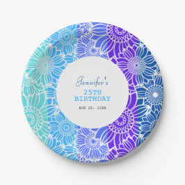 レインボーブルーストライプフローラ誕生日 ペーパープレート