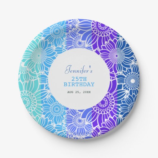 レインボーブルーストライプフローラ誕生日 ペーパープレート (正面)