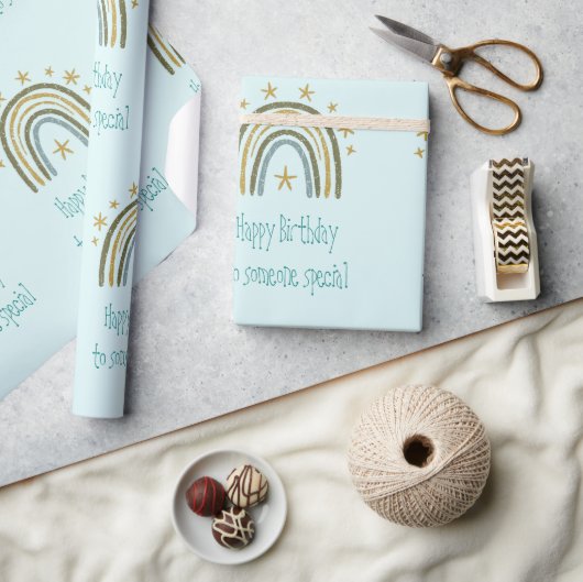 レインボーブルー金ゴールドハッピーバースデーSomeone Special ラッピングペーパー (クラフト)