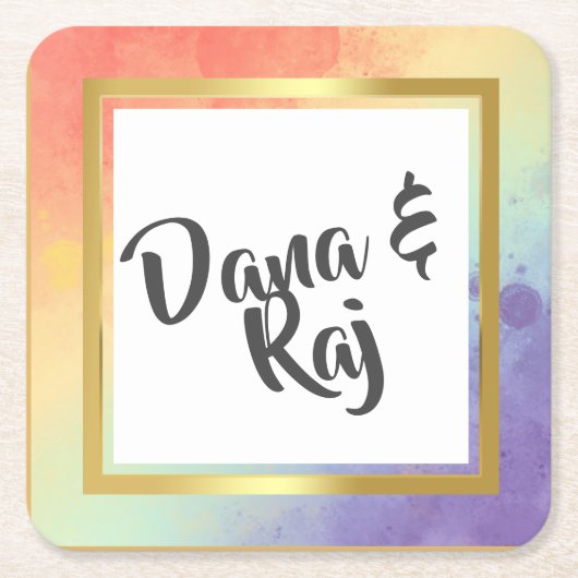 レインボープライドと金ゴールド結婚フレーム スクエアペーパーコースター (正面)