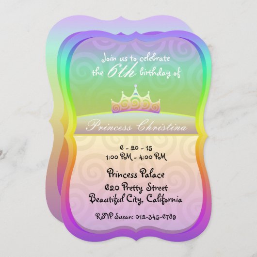レインボープリンセスクラウンらせん状誕生日 招待状 (正面/裏面)