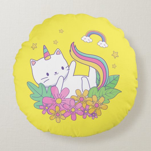 「レインボープリントキッテン装飾用クッション ラウンドクッション (正面)