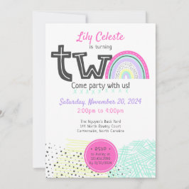 レインボーベイビーガール 2歳の誕生日 かわいいドゥードル写真 招待状
