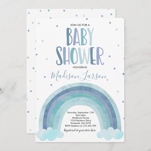 レインボーベイビーシャワーブルーウォーターカラーレインボーベビー 招待状 (正面/裏面)