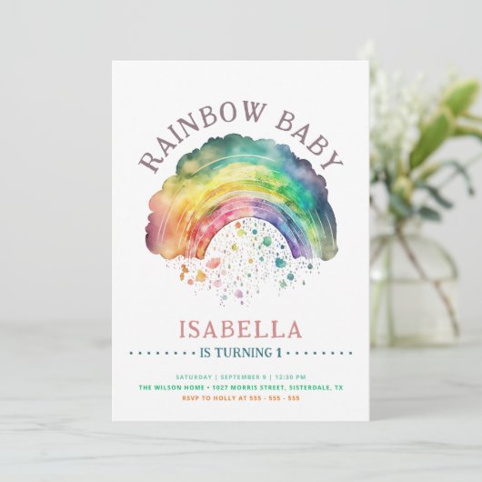 レインボーベビーかわいい水色ガール1st誕生日 招待状 (スタンド正面)