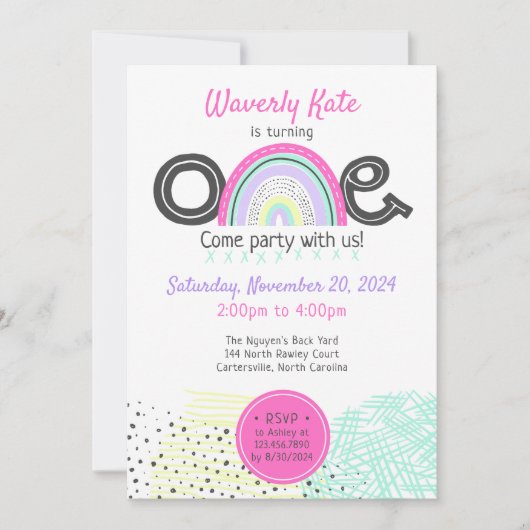 レインボーベビーガール1st誕生日かわいいドードル写真 招待状 (正面)