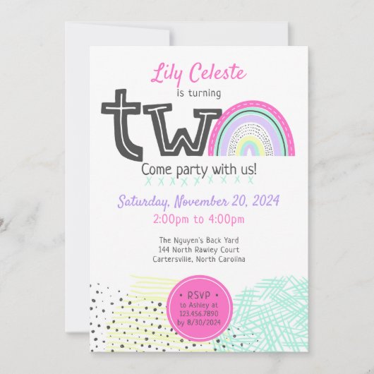 レインボーベビーガール2nd誕生日かわいいドードル写真 招待状 (正面)