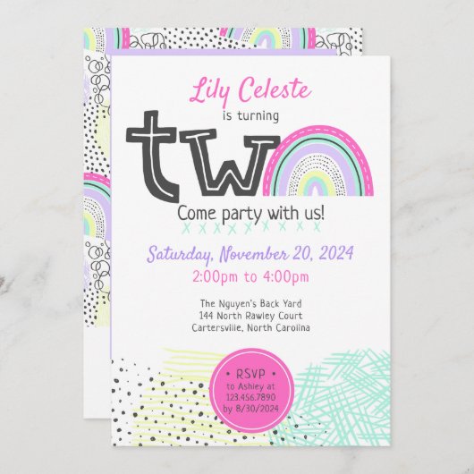 レインボーベビーガール2nd誕生日かわいいドードル写真 招待状 (正面/裏面)