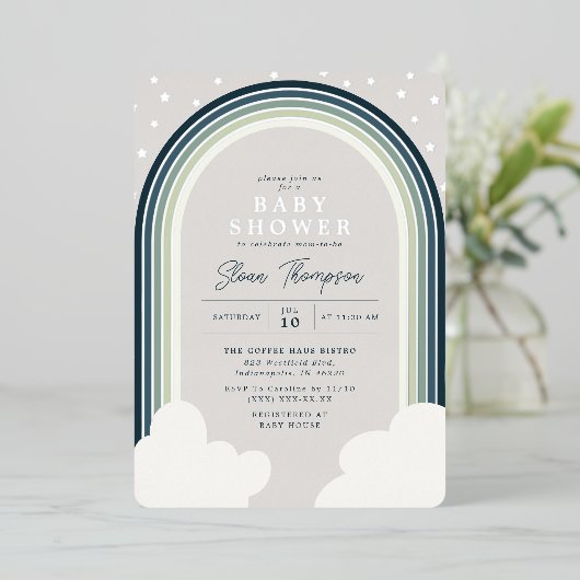 レインボーベビーシャワーブルーグリーンボーイシルバー 箔招待状 (立ち正面)