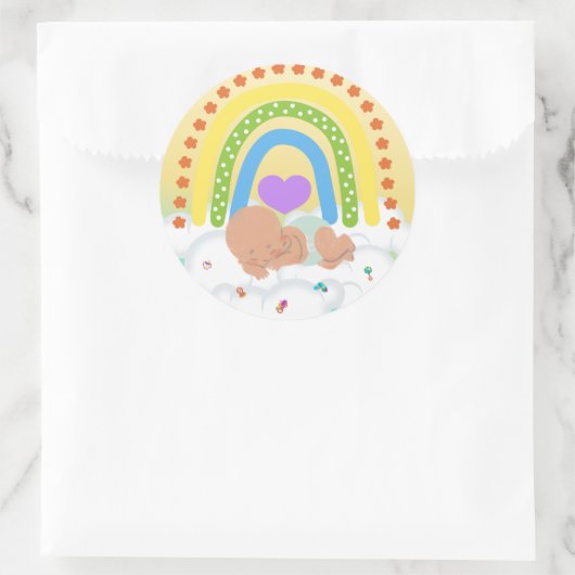 レインボーベビーブラウン生まれたばかりのハートイエローステッカー ラウンドシール (バッグ)